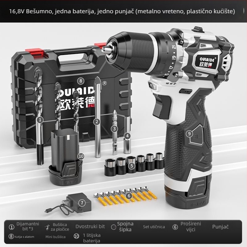 Bez četkasti ručna bušilica s visokim učinkom, dvostrukim napajanjem (punjenje ili priključak na struju), punjiva Li-ion baterija i višenamjenski električni odvijač