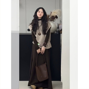 Trodjelni set za žene: pleteni prsluk, duga suknja i japansko-korejski casual stil, smjesa poliestera i elastana