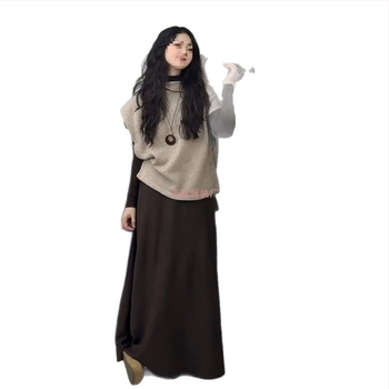 Trodjelni set za žene: pleteni prsluk, duga suknja i japansko-korejski casual stil, smjesa poliestera i elastana