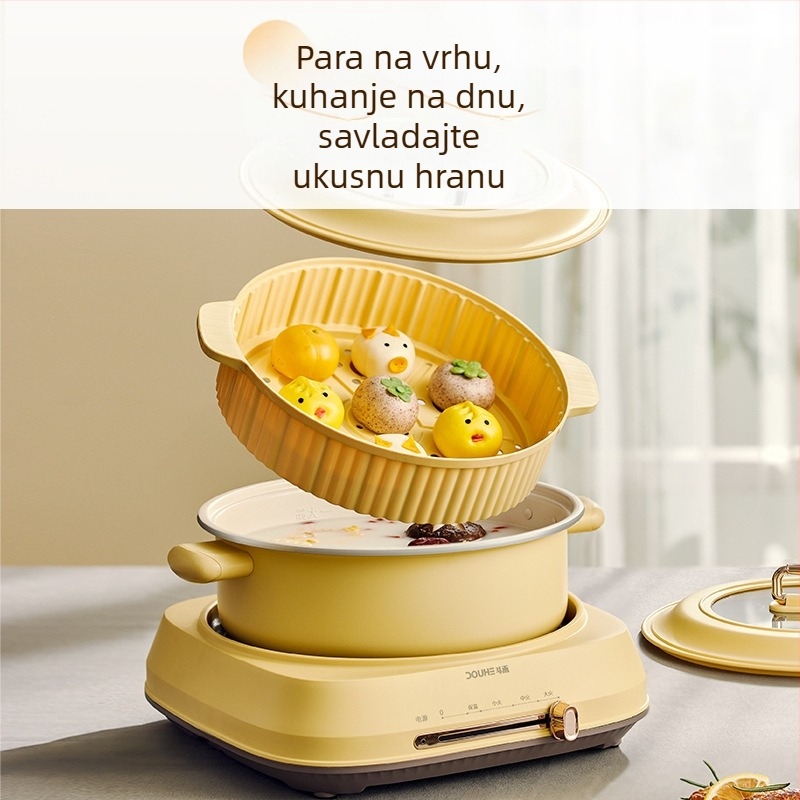 Douhe električni višenamjenski lonac za hot pot, 5 L kapacitet, 1500 W, unutarnja posuda od legure, funkcije: para, kuhanje, dinstanje, prženje