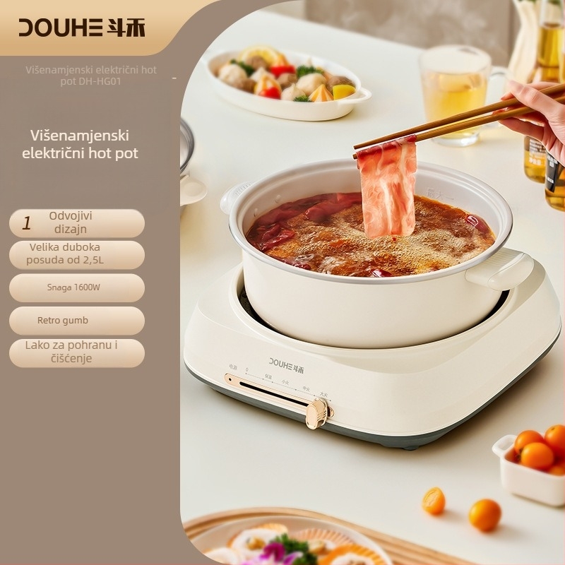 Douhe električni višenamjenski lonac za hot pot, 5 L kapacitet, 1500 W, unutarnja posuda od legure, funkcije: para, kuhanje, dinstanje, prženje