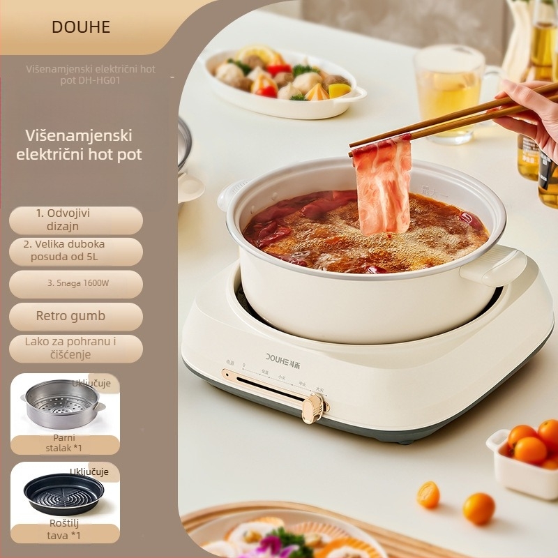 Douhe električni višenamjenski lonac za hot pot, 5 L kapacitet, 1500 W, unutarnja posuda od legure, funkcije: para, kuhanje, dinstanje, prženje