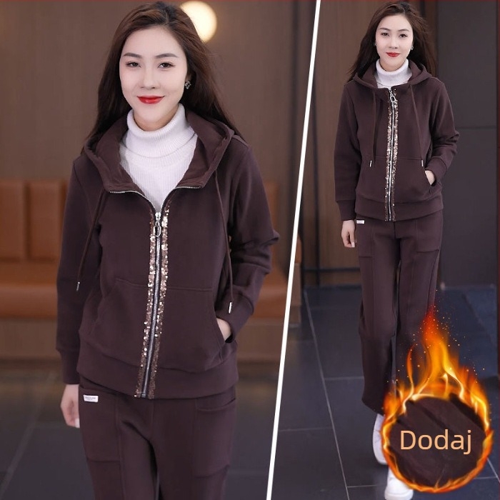 Ženski zimski dvodijelni set od Chenille s kapuljačom i fleec podstavom – dugi rukavi, Spandex <30%, stil Royal Sister