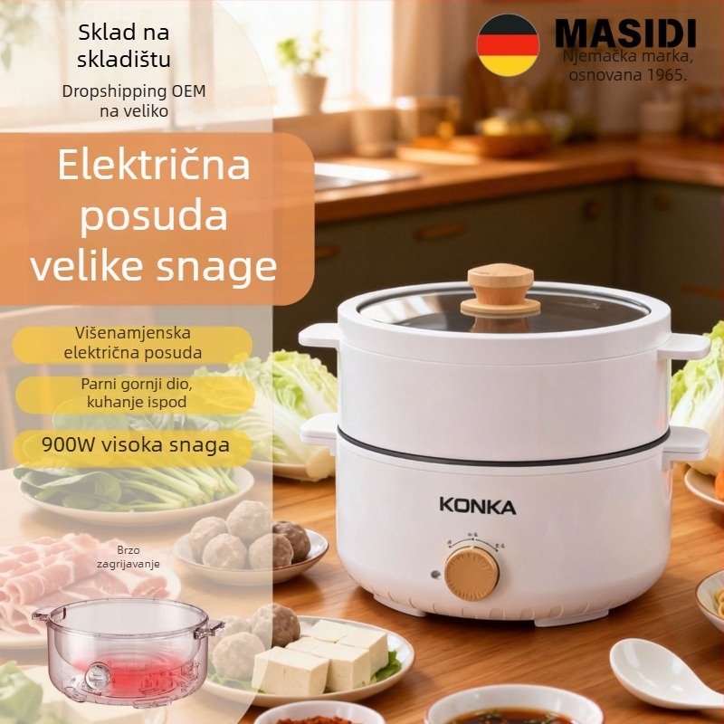 Višefunkcionalni električni lonac s premazanim unutarnjim loncem, snaga 801–1000 W, za 3–4 osobe, upravljanje gumbom, regulacija temperature, funkcije: para, prženje, kuhanje, dinstanje