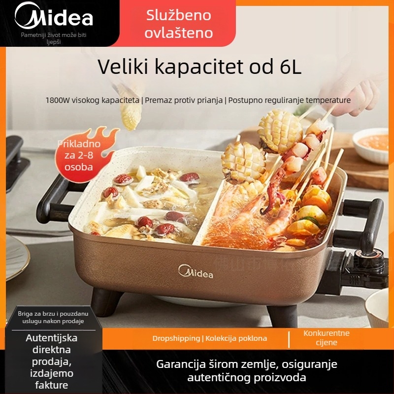 Midea električna posuda s više funkcija – nehrđajući čelik, 1200–1500W, mehaničko upravljanje, funkcije: prženje, dinstanje, kuhanje i hot pot