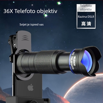 36x monokularni telefoto objektiv za mobitel – HD, podesiva ostrost, vanjski set kamere; 10x povećanje, vidno polje 8.8°, promjer zjenice 7.7 mm, razmak zjenice 2.4 mm