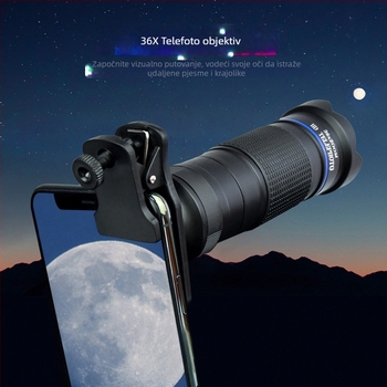36x monokularni telefoto objektiv za mobitel – HD, podesiva ostrost, vanjski set kamere; 10x povećanje, vidno polje 8.8°, promjer zjenice 7.7 mm, razmak zjenice 2.4 mm