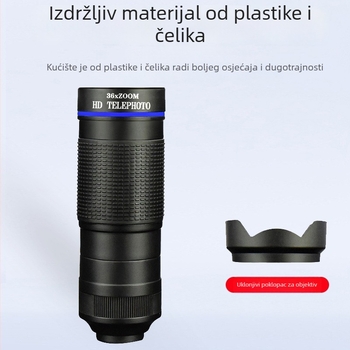 36x monokularni telefoto objektiv za mobitel – HD, podesiva ostrost, vanjski set kamere; 10x povećanje, vidno polje 8.8°, promjer zjenice 7.7 mm, razmak zjenice 2.4 mm
