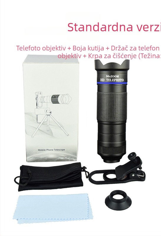 36x monokularni telefoto objektiv za mobitel – HD, podesiva ostrost, vanjski set kamere; 10x povećanje, vidno polje 8.8°, promjer zjenice 7.7 mm, razmak zjenice 2.4 mm