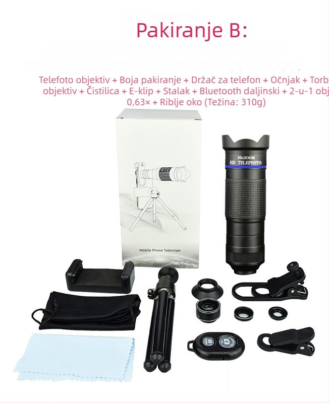 36x monokularni telefoto objektiv za mobitel – HD, podesiva ostrost, vanjski set kamere; 10x povećanje, vidno polje 8.8°, promjer zjenice 7.7 mm, razmak zjenice 2.4 mm