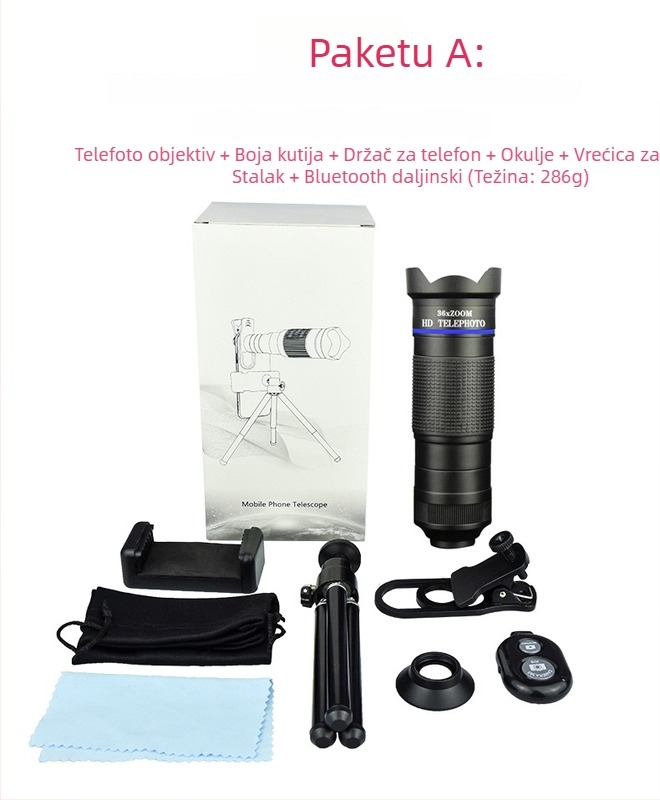36x monokularni telefoto objektiv za mobitel – HD, podesiva ostrost, vanjski set kamere; 10x povećanje, vidno polje 8.8°, promjer zjenice 7.7 mm, razmak zjenice 2.4 mm
