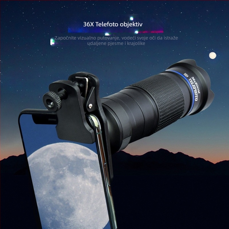 36x monokularni telefoto objektiv za mobitel – HD, podesiva ostrost, vanjski set kamere; 10x povećanje, vidno polje 8.8°, promjer zjenice 7.7 mm, razmak zjenice 2.4 mm