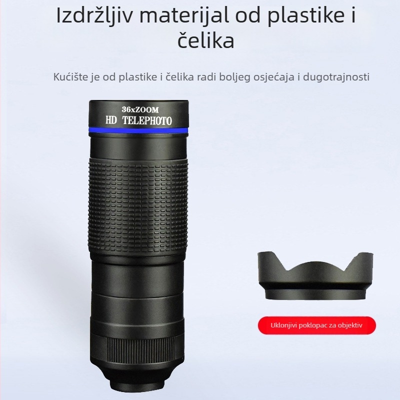 36x monokularni telefoto objektiv za mobitel – HD, podesiva ostrost, vanjski set kamere; 10x povećanje, vidno polje 8.8°, promjer zjenice 7.7 mm, razmak zjenice 2.4 mm