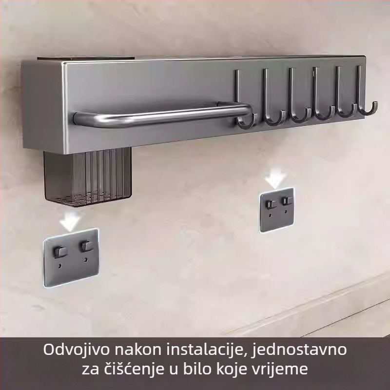 Zidni kuhinjski regal s držačem za zdjele i nože, višenamjenski, od ugljičnog čelika, bez bušenja, držač za štapiće, odvodna polica