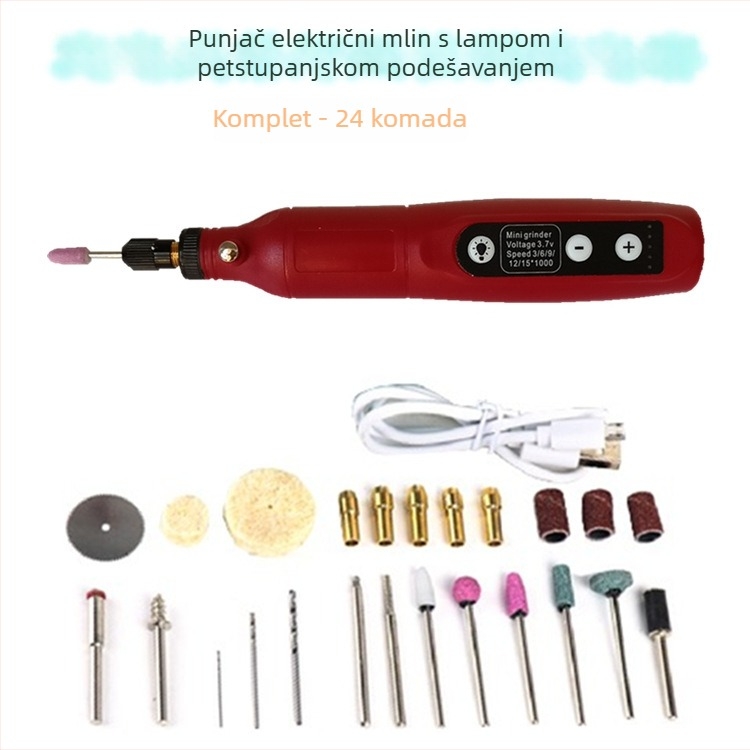 173 Mikročelina Električna Bušilica – Jade Brušenje i Poliranje Sve-u-Jednom stroj za drvorezbu i kućne projekte; 3,7V litij baterija; pet brzina; 173 nastavaka; duljina kabela 0,6 m; Neto težina 0,42 kg