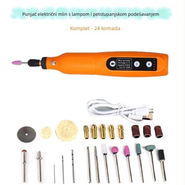 173 Mikročelina Električna Bušilica – Jade Brušenje i Poliranje Sve-u-Jednom stroj za drvorezbu i kućne projekte; 3,7V litij baterija; pet brzina; 173 nastavaka; duljina kabela 0,6 m; Neto težina 0,42 kg