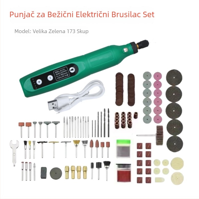 173 Mikročelina Električna Bušilica – Jade Brušenje i Poliranje Sve-u-Jednom stroj za drvorezbu i kućne projekte; 3,7V litij baterija; pet brzina; 173 nastavaka; duljina kabela 0,6 m; Neto težina 0,42 kg