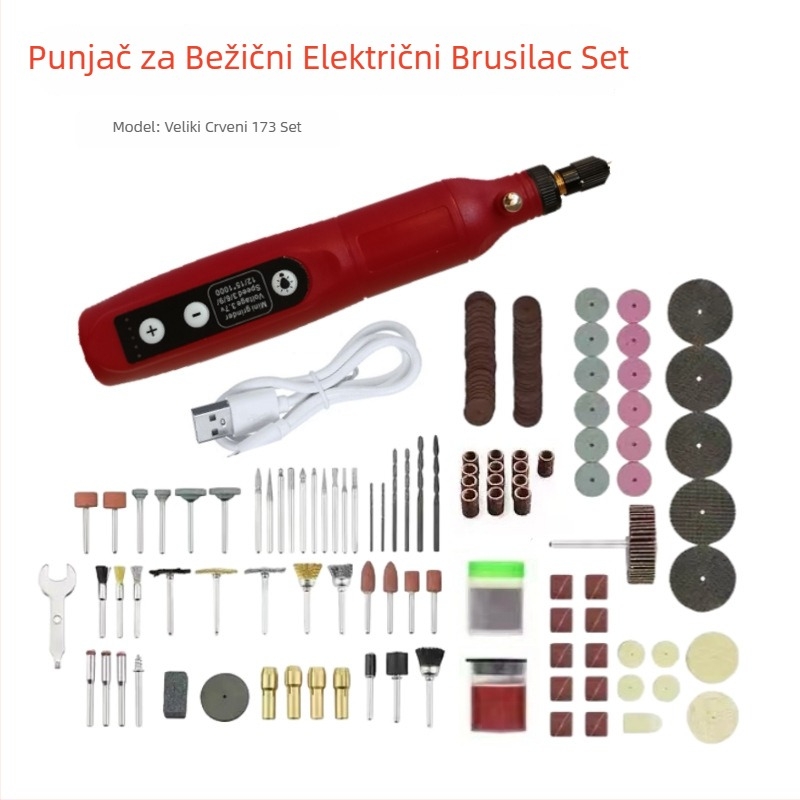173 Mikročelina Električna Bušilica – Jade Brušenje i Poliranje Sve-u-Jednom stroj za drvorezbu i kućne projekte; 3,7V litij baterija; pet brzina; 173 nastavaka; duljina kabela 0,6 m; Neto težina 0,42 kg