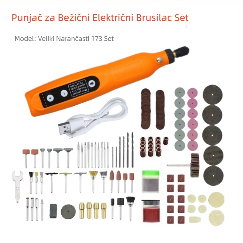 173 Mikročelina Električna Bušilica – Jade Brušenje i Poliranje Sve-u-Jednom stroj za drvorezbu i kućne projekte; 3,7V litij baterija; pet brzina; 173 nastavaka; duljina kabela 0,6 m; Neto težina 0,42 kg