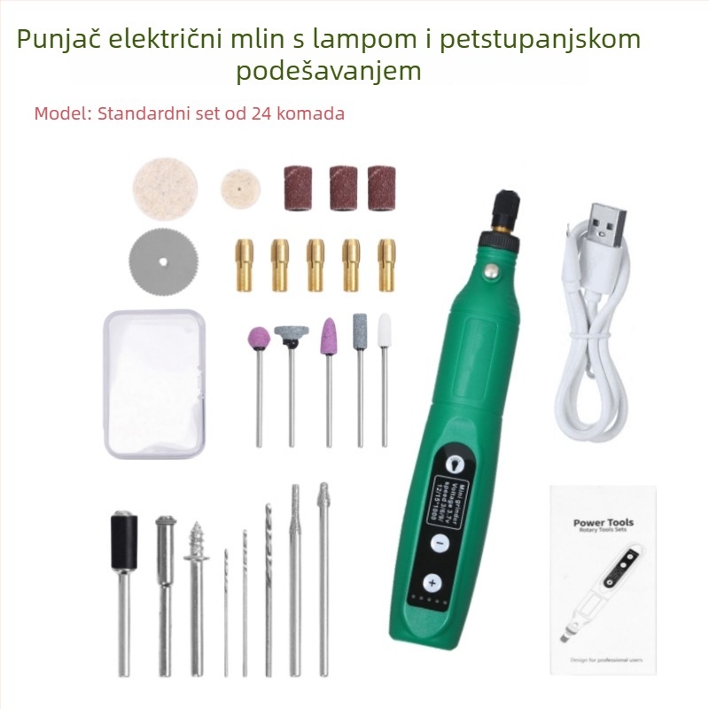 173 Mikročelina Električna Bušilica – Jade Brušenje i Poliranje Sve-u-Jednom stroj za drvorezbu i kućne projekte; 3,7V litij baterija; pet brzina; 173 nastavaka; duljina kabela 0,6 m; Neto težina 0,42 kg