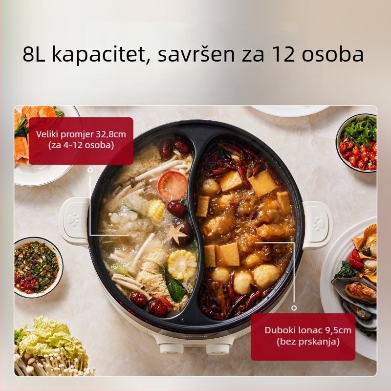Električna posuda za hot pot, 8 L kapaciteta, 1500 W, za 5–6 osoba, dubina unutarnjeg spremnika 7 cm, funkcija sprječavanja suhog kuhanja
