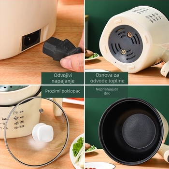 Višenamjenski električni lonac — Snaga do 800 W; Tijelo od stakla visokog borosilikata; Unutarnja posuda od porcelanskog kristala; Mikroprocesorsko upravljanje; Napon 110V