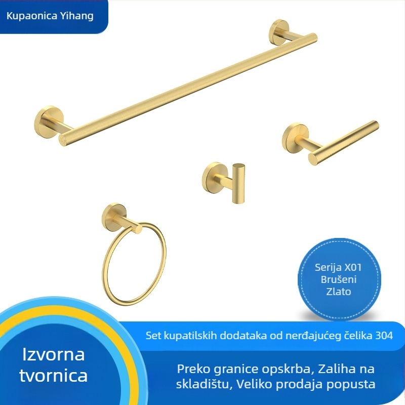 Kupaonski set od četiri komada od nehrđajućeg čelika s kromiranim premazom — zidni stalak za pohranu, vješalice, držač za toaletni papir, držač ručnika