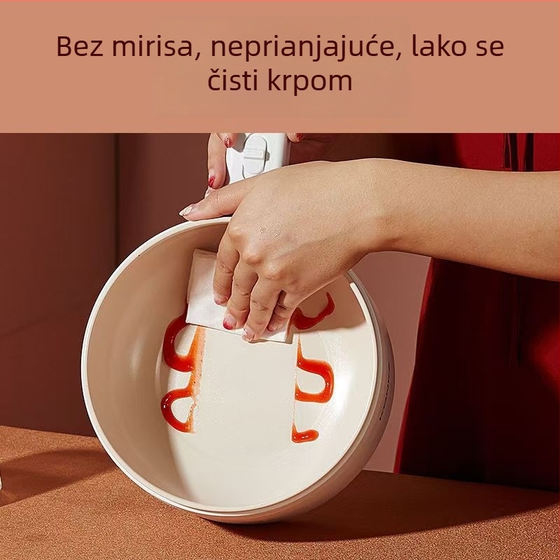 Električna posuda za studentski dom - kapacitet 2-3 L, unutarnji keramički emajlirani lonac, snaga ispod 800 W, višenamjenska: prženje, kuhanje, dinstanje.
