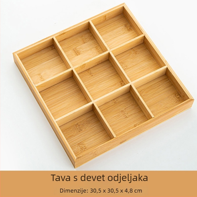 Bambusni tanjur za posluživanje s devet kvadratnih odjeljaka — kvadratnog oblika, japanski stil, prugasti uzorak