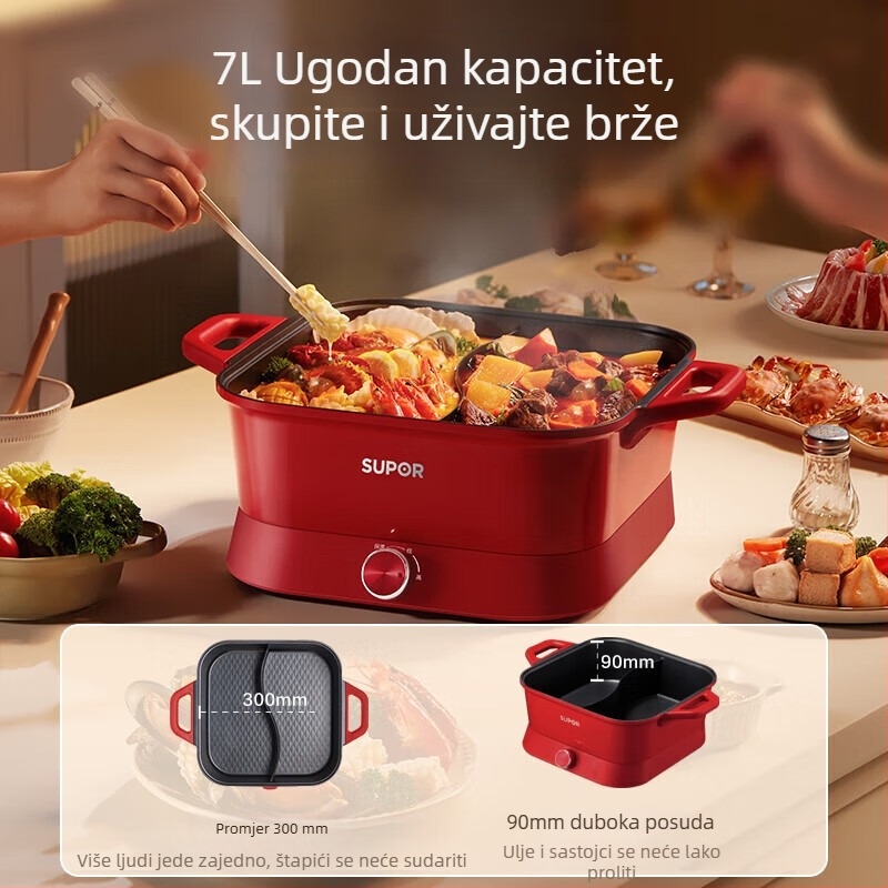 Supor 6L Električni hot pot, 1800W, funkcije kuhanja i hot pot-a, Plastično kućište, Mehaničko upravljanje, 220V, za 3–4 osobe, Dubina unutarnjeg lonca 9 cm