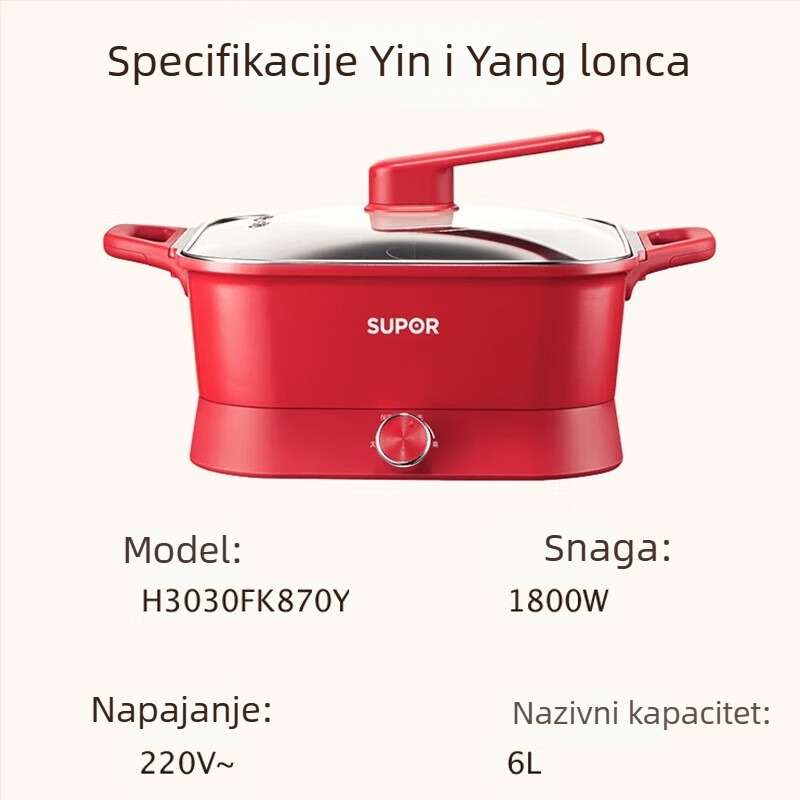 Supor 6L Električni hot pot, 1800W, funkcije kuhanja i hot pot-a, Plastično kućište, Mehaničko upravljanje, 220V, za 3–4 osobe, Dubina unutarnjeg lonca 9 cm