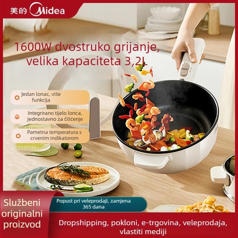 Električni wok s neprijanjajućim premazom, višefunkcionalna kuhala posuda, 3–4 L, snaga 1001–1200 W, funkcija sprječavanja suhog grijanja, mehaničko upravljanje