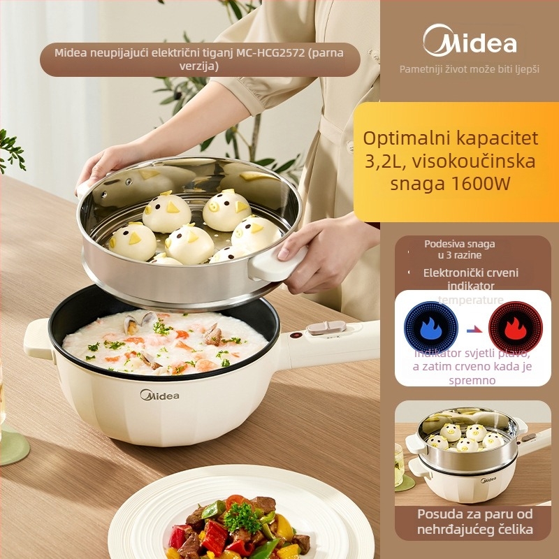 Električni wok s neprijanjajućim premazom, višefunkcionalna kuhala posuda, 3–4 L, snaga 1001–1200 W, funkcija sprječavanja suhog grijanja, mehaničko upravljanje