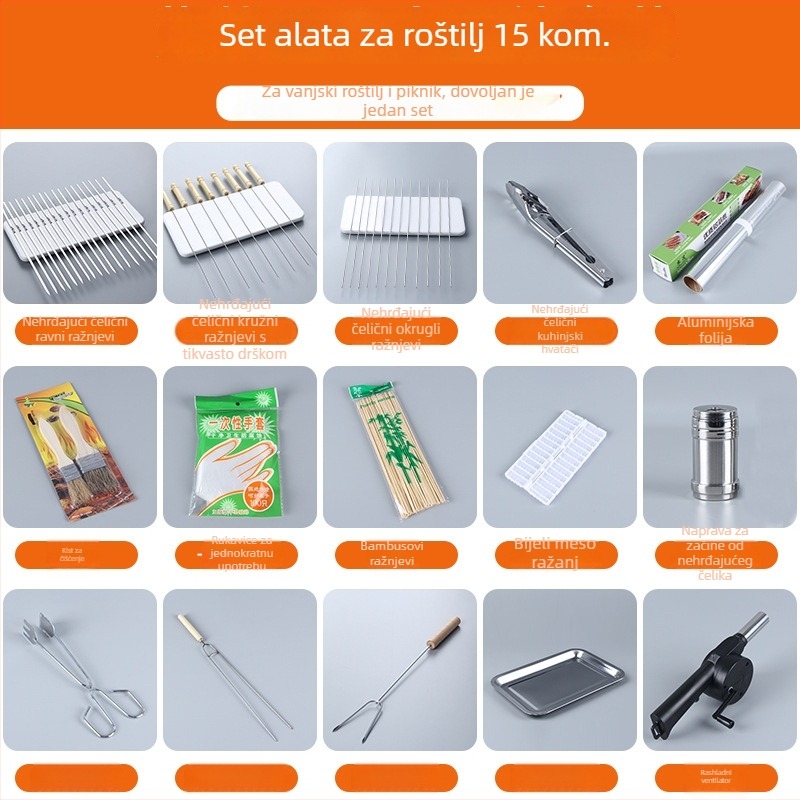 BBQ alatni set s rukavicama, pločom, mrežom, klipsom, četkom, oznakom i rešetkom; Materijali: nehrđajući čelik, bambus, željezo, dlačice, PP; Pakiranje: 50 kom; Model: 22050636117
