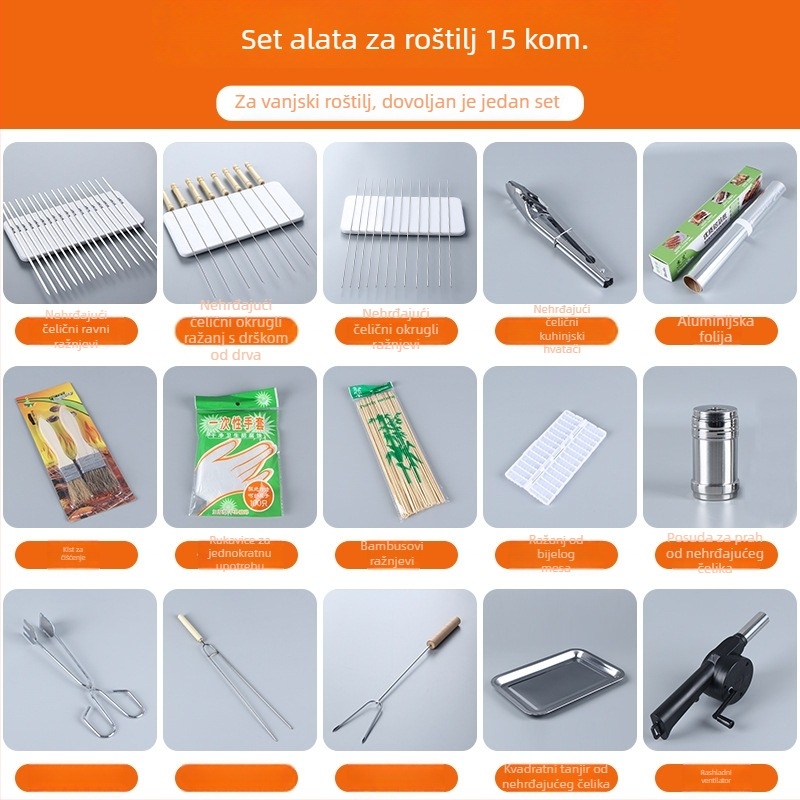 BBQ alatni set s rukavicama, pločom, mrežom, klipsom, četkom, oznakom i rešetkom; Materijali: nehrđajući čelik, bambus, željezo, dlačice, PP; Pakiranje: 50 kom; Model: 22050636117