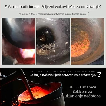 Wok od finog željeza, kineskog stila, neprianjajući, s jednim dnom, poklopac od nehrđajućeg čelika sa staklom