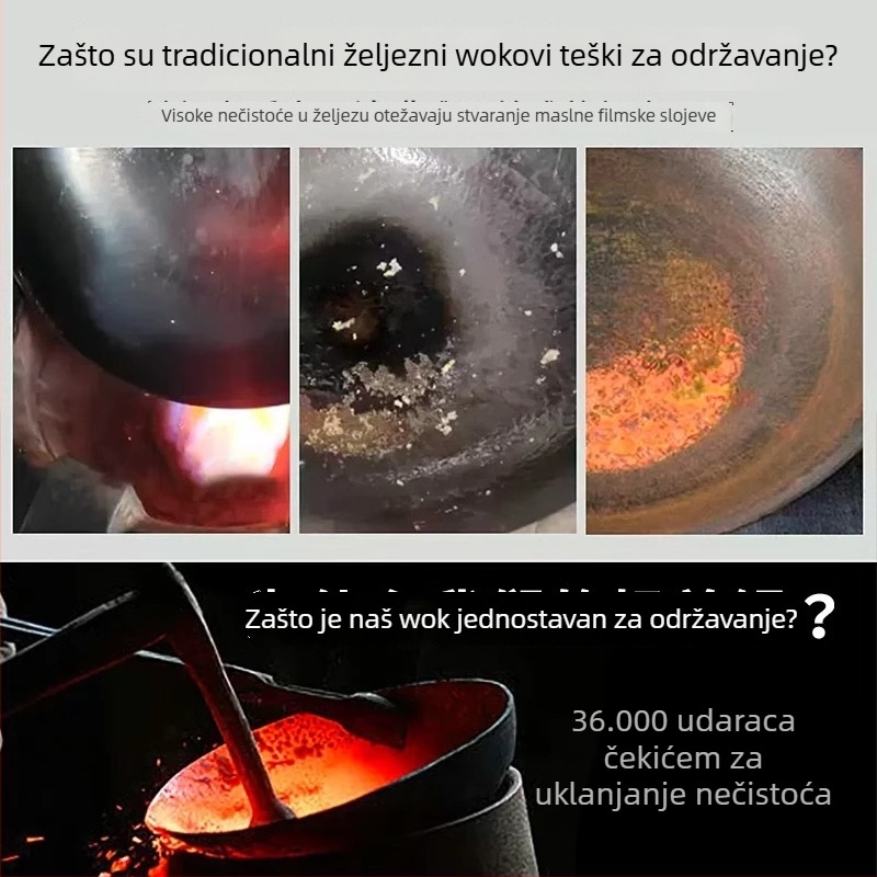 Wok od finog željeza, kineskog stila, neprianjajući, s jednim dnom, poklopac od nehrđajućeg čelika sa staklom