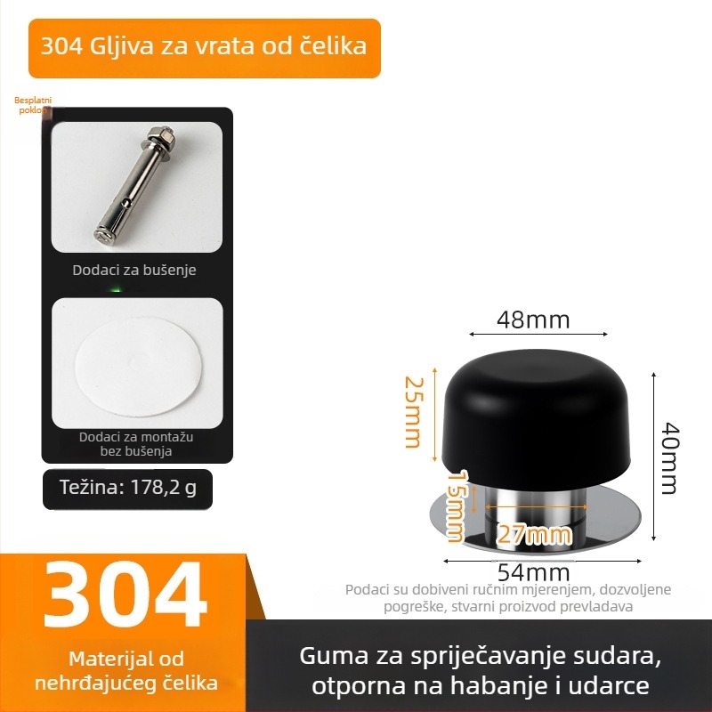 Stoper za vrata, vrh gljiva, od nehrđajućeg čelika 304, brušeni završetak, zaštita od sudara, dvostruka montaža na pod ili zid