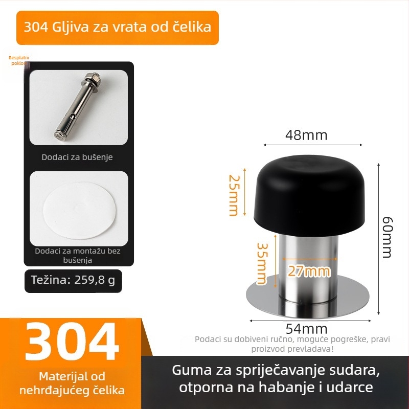 Stoper za vrata, vrh gljiva, od nehrđajućeg čelika 304, brušeni završetak, zaštita od sudara, dvostruka montaža na pod ili zid