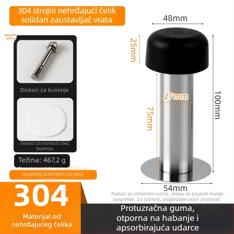 Stoper za vrata, vrh gljiva, od nehrđajućeg čelika 304, brušeni završetak, zaštita od sudara, dvostruka montaža na pod ili zid