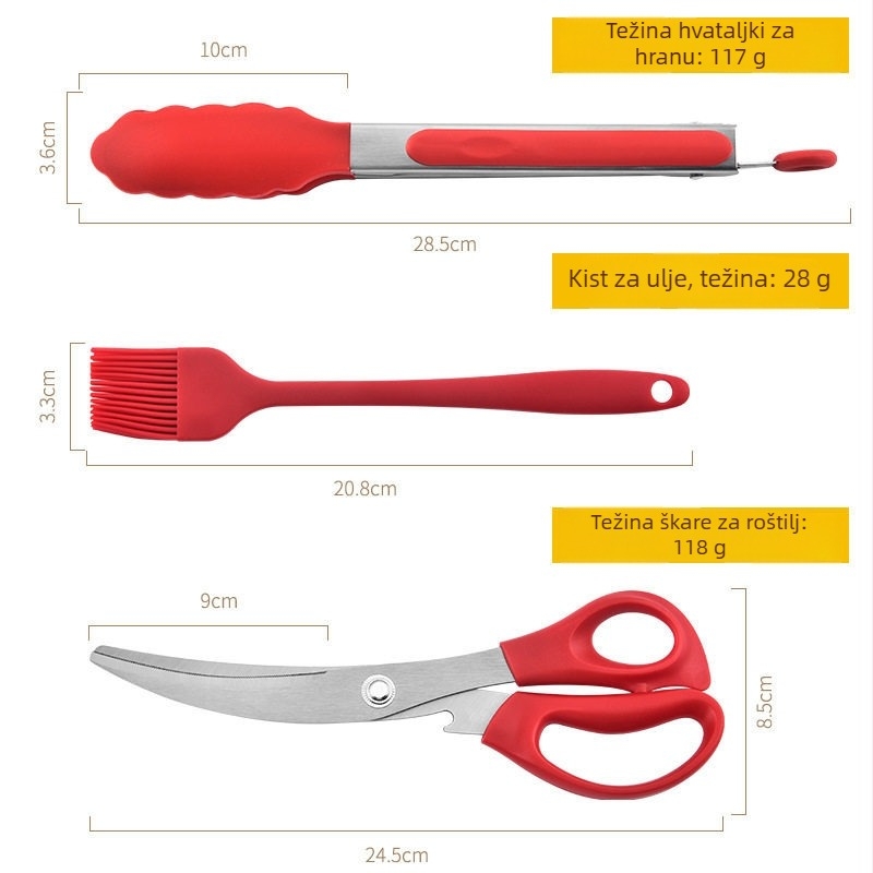 Set za roštilj sa silikonskom četkom, nožem i klipsom od nehrđajućeg čelika (Moderan minimalistički stil)