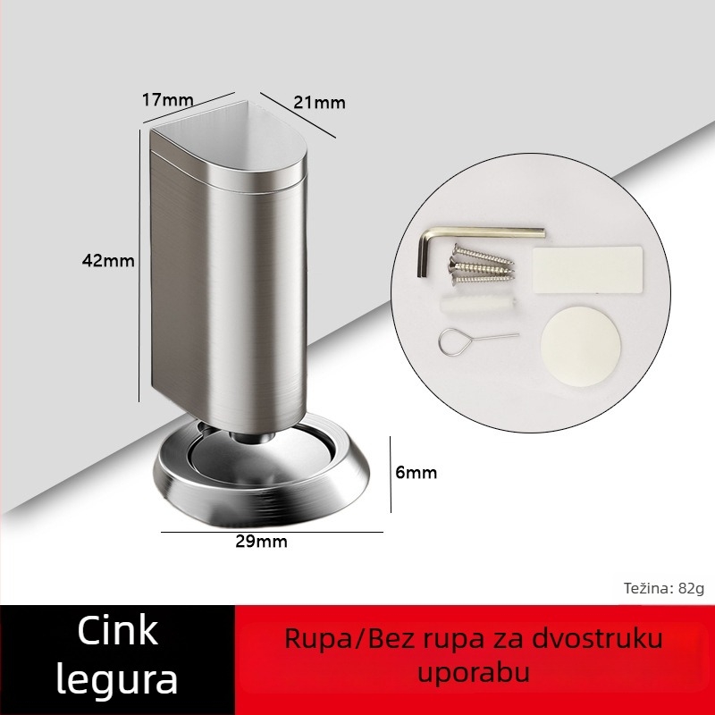 Magnetska zaporni vrata za staklena vrata, podna montaža, bez bušenja, cinkov spoj, brušeni završni sloj
