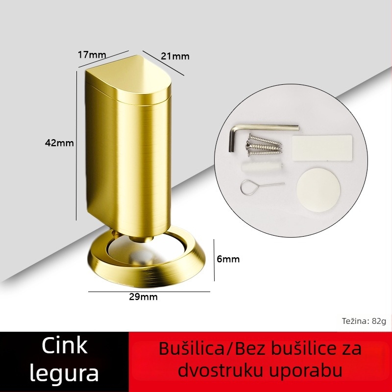 Magnetska zaporni vrata za staklena vrata, podna montaža, bez bušenja, cinkov spoj, brušeni završni sloj