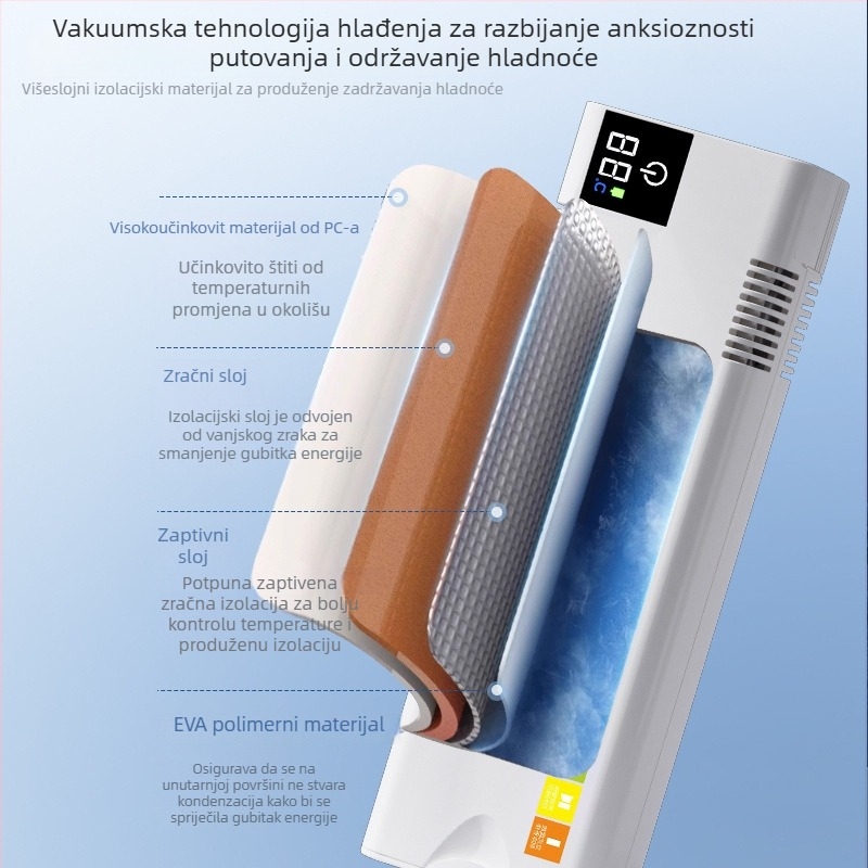 Poluvodički auto hladnjak, kapacitet do 5 L, težina 1 kg, snaga 12 W, napajanje 5 V, radna temperatura 0–18 °C