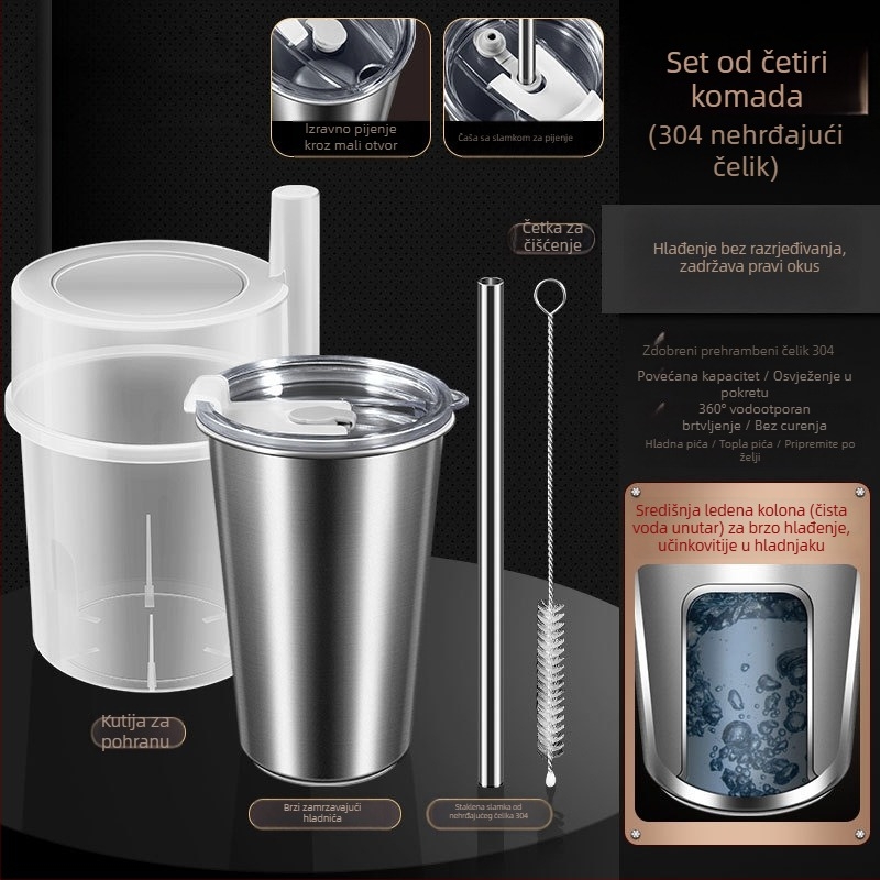 Čaša od 304 nehrđajućeg čelika sa slamkom, poklopac PP + silikagel, kutija za pohranu PP – prenosna čaša za brzo smrzavanje pića