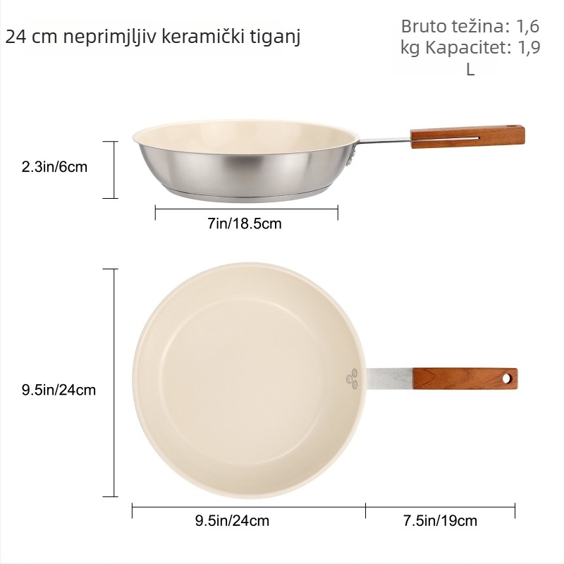Tava za prženje s keramičkim neprijanjivim premazom, od nehrđajućeg čelika, trodijelno dno, kapacitet 2,4 L