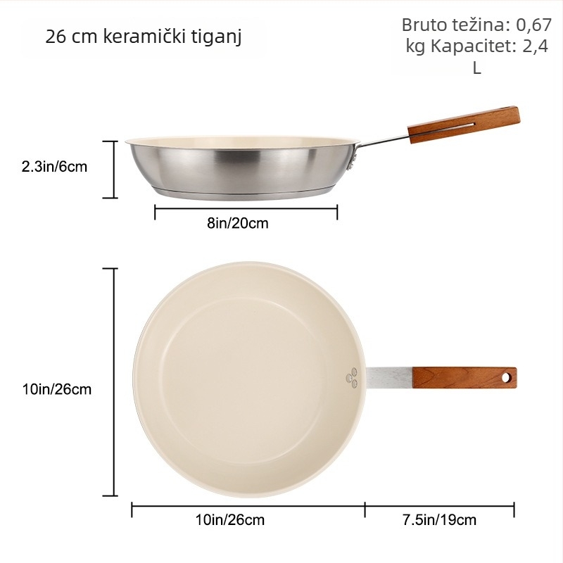 Tava za prženje s keramičkim neprijanjivim premazom, od nehrđajućeg čelika, trodijelno dno, kapacitet 2,4 L