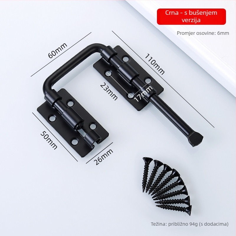 Bez bušenja: višenamjenski zasun za vrata — debeli čep za drvena vrata, tip A, legura cinka/nehrđajući čelik, 180° zaključavanje