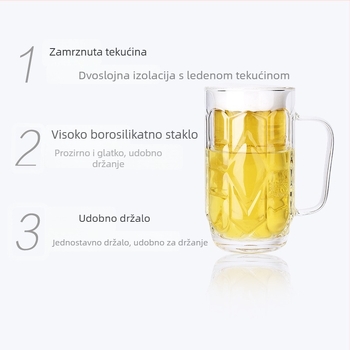Pivska čaša s dvostrukim stijenkama i drškom, toplinska otpornost, održava hladno, prilagodljiva