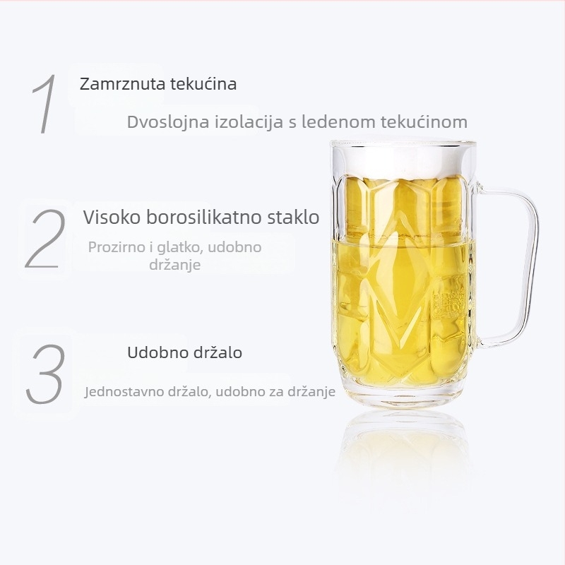 Pivska čaša s dvostrukim stijenkama i drškom, toplinska otpornost, održava hladno, prilagodljiva